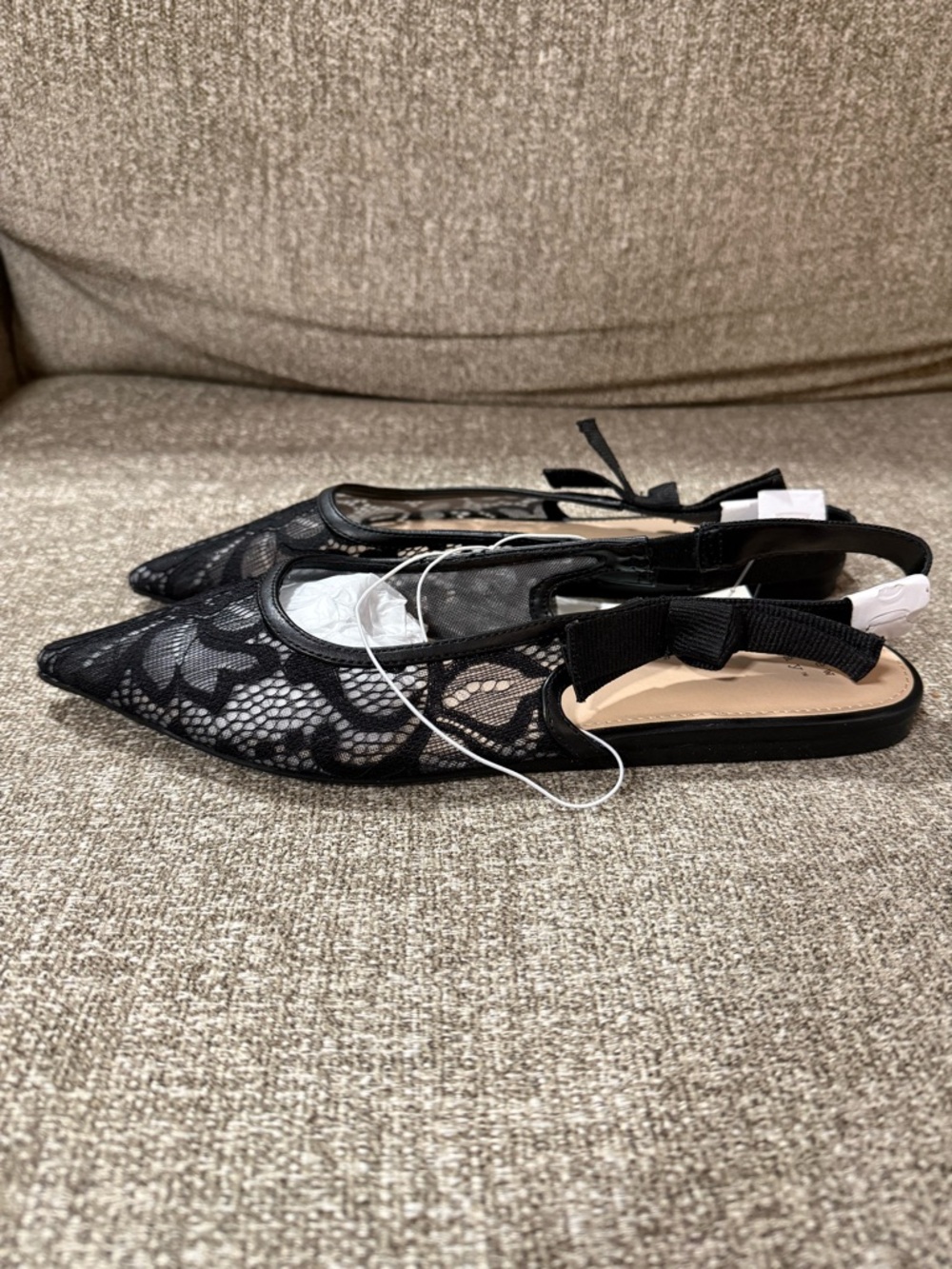 a new day Black Lace Pointed Slingback Ballet Flats with Bow